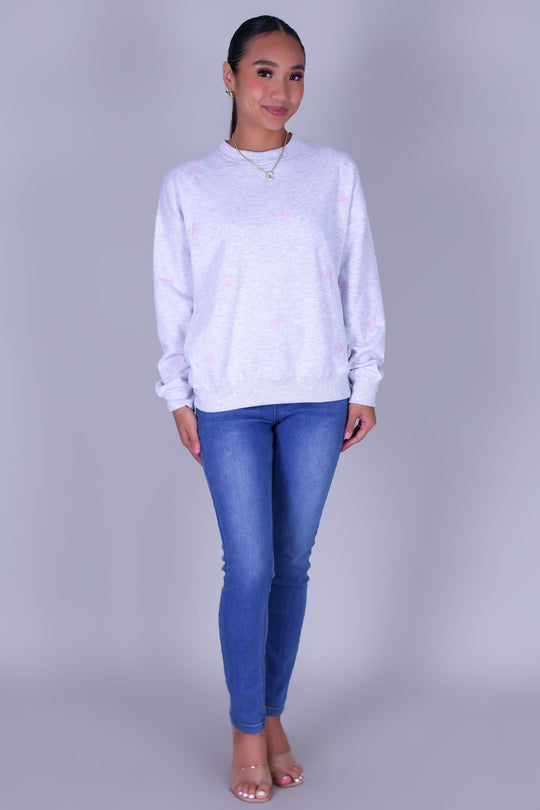 BOW EMBROIDERED CREW SWEATER