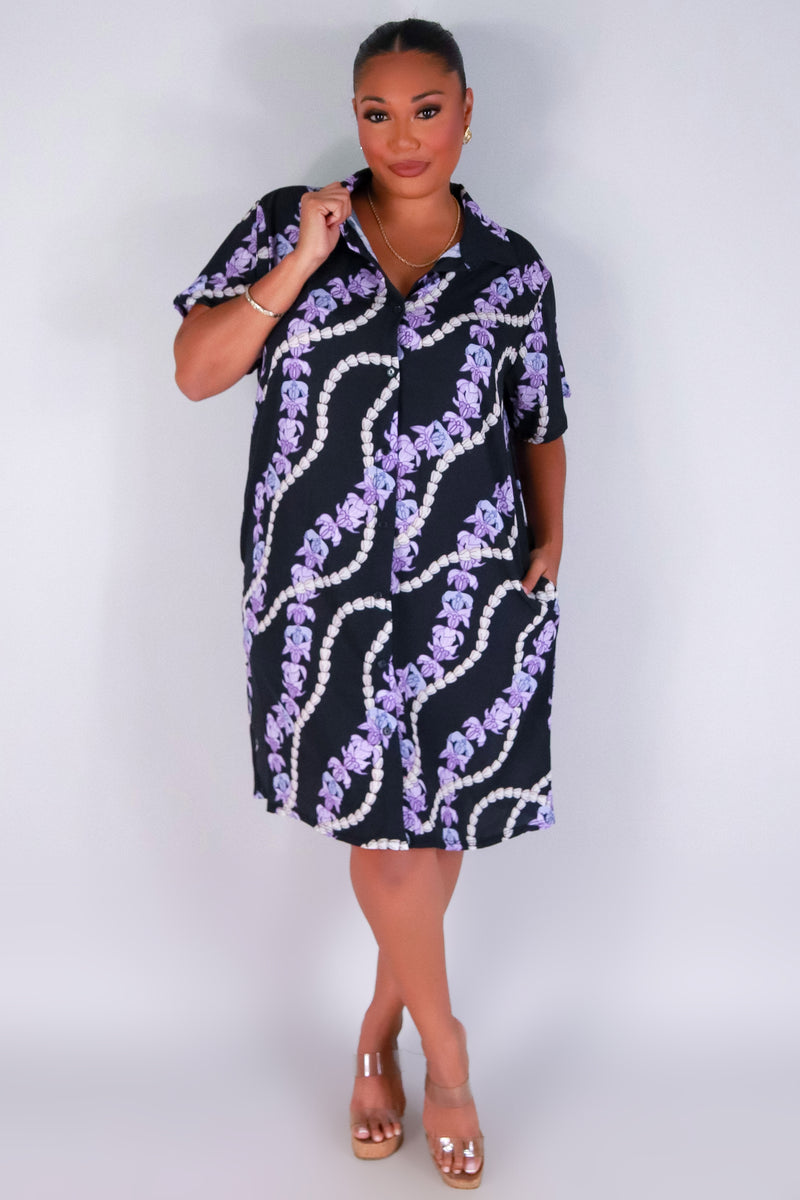 Jeans Warehouse Hawaii - PLUS PLUS WOVEN PRINT DRESSES - PIKAKE CROWN FLOWER BUTTON DOWN DRESS | By LUZ