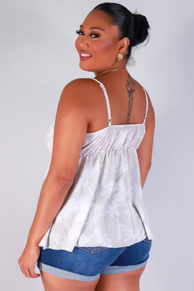 Jeans Warehouse Hawaii - PLUS S/L PRINT WOVEN TOPS - PLUMERIA TREE PEPLUM TOP | By LUZ