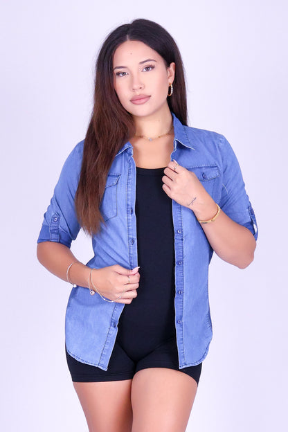 LITTLE MISS BLUE CHAMBRAY LONG SLEEVE TOP