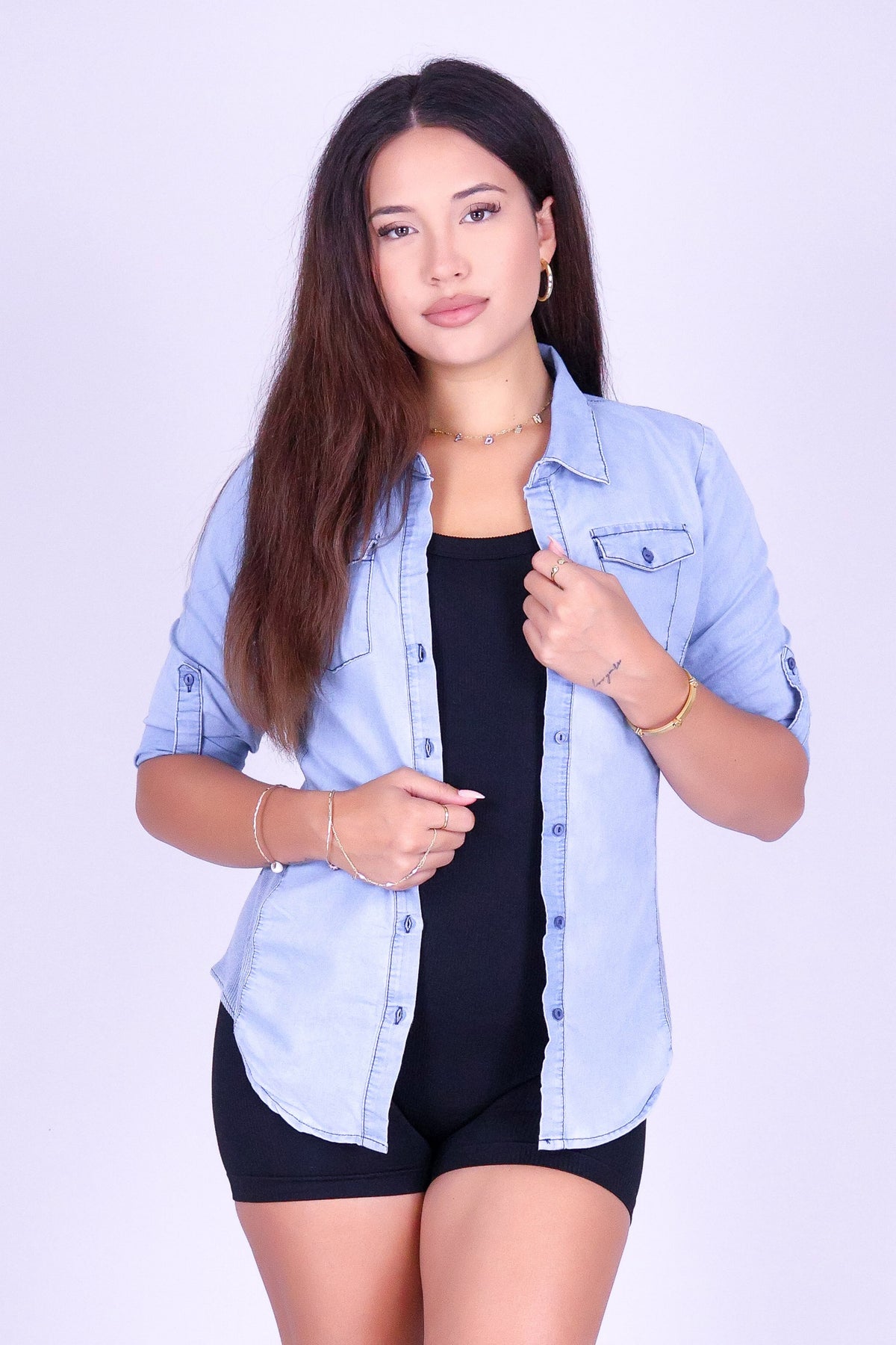 LITTLE MISS BLUE CHAMBRAY LONG SLEEVE TOP