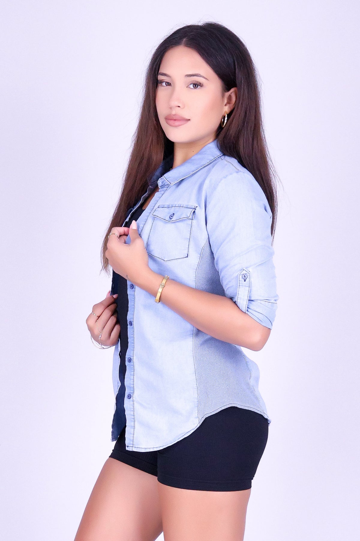 LITTLE MISS BLUE CHAMBRAY LONG SLEEVE TOP
