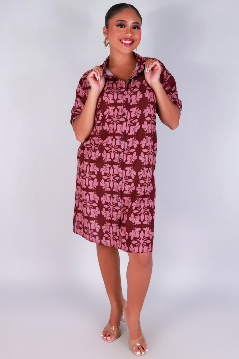 Jeans Warehouse Hawaii - SLEEVE SHORT PRINT DRESSES - HIBISCUS QUILT BUTTON DOWN DRESS | By LUZ