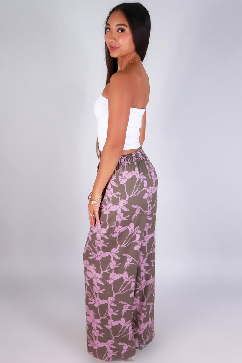 Jeans Warehouse Hawaii - PRINT KNIT PANTS - PLUMERIA TREE WIDE LEG PANTS | By LUZ