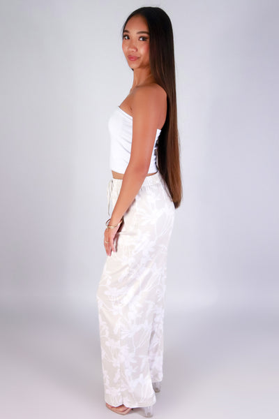 Jeans Warehouse Hawaii - PRINT KNIT PANTS - PLUMERIA TREE WIDE LEG PANTS | By LUZ