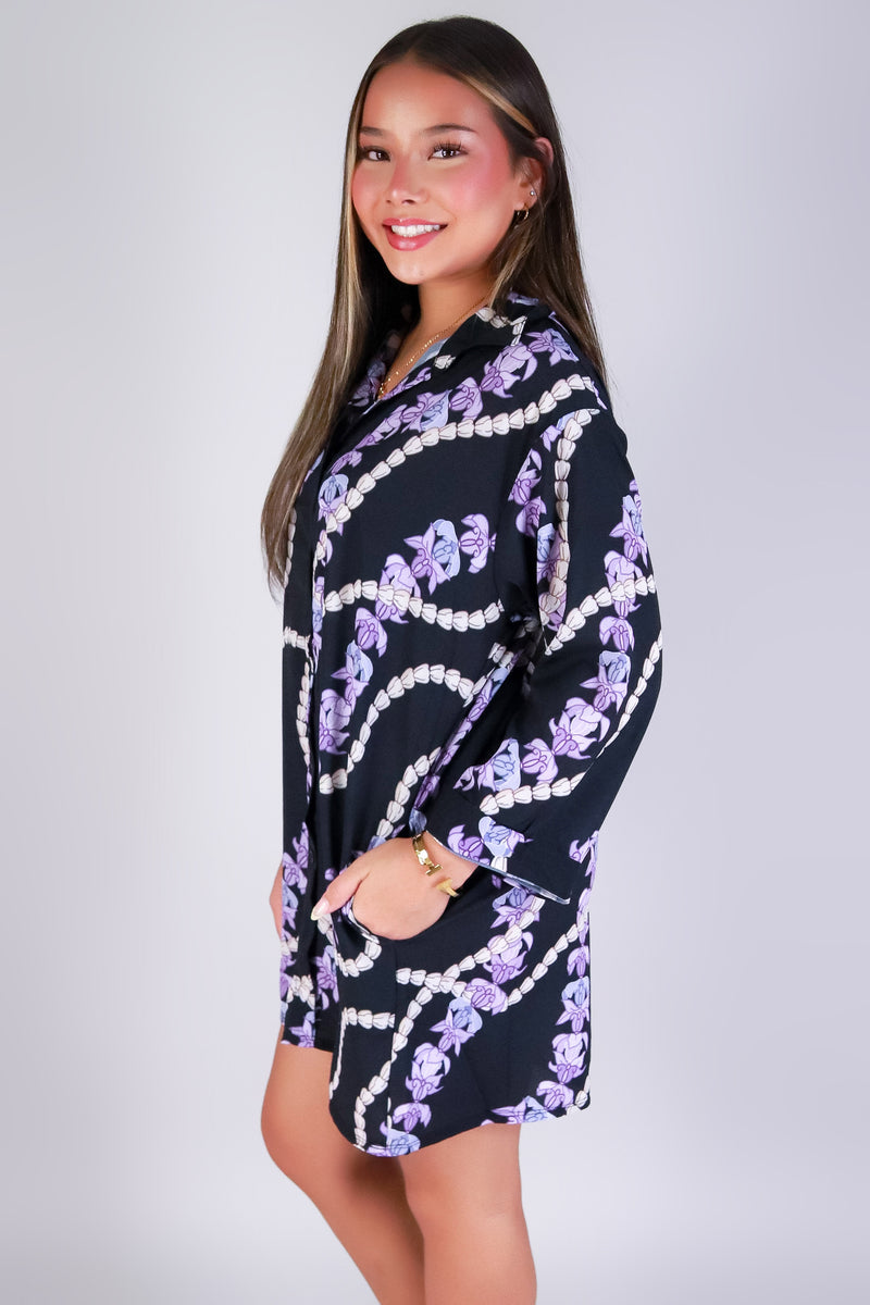 Jeans Warehouse Hawaii - SLEEVE LONG PRINT DRESSES - PIKAKE CROWN FLOWER BUTTON DOWN DRESS | By LUZ