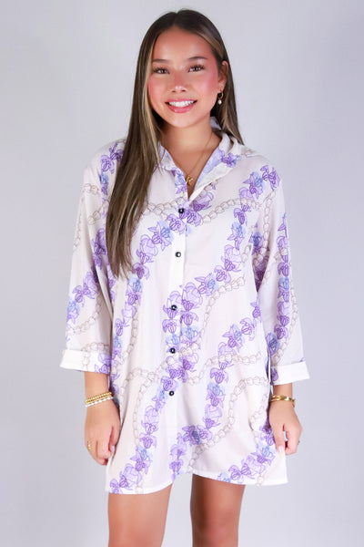 Jeans Warehouse Hawaii - SLEEVE LONG PRINT DRESSES - PIKAKE CROWN FLOWER BUTTON DOWN DRESS | By LUZ