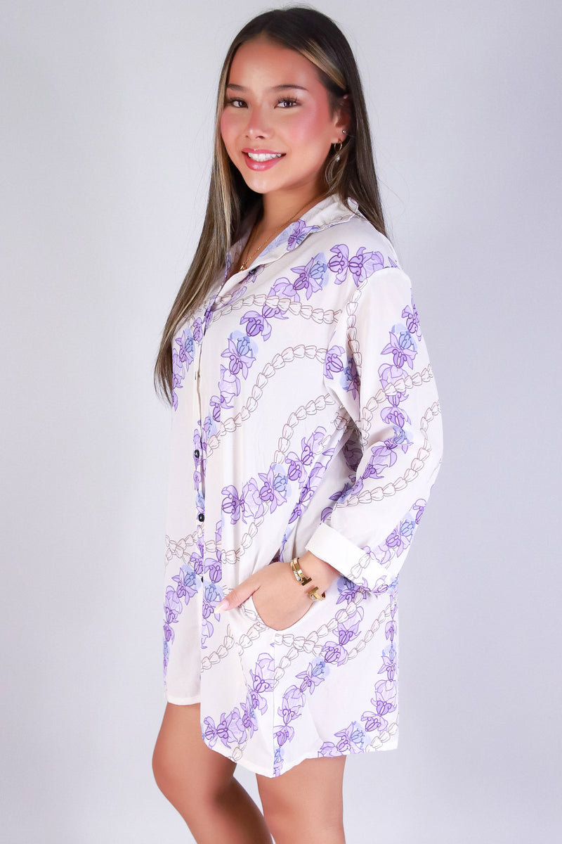 Jeans Warehouse Hawaii - SLEEVE LONG PRINT DRESSES - PIKAKE CROWN FLOWER BUTTON DOWN DRESS | By LUZ