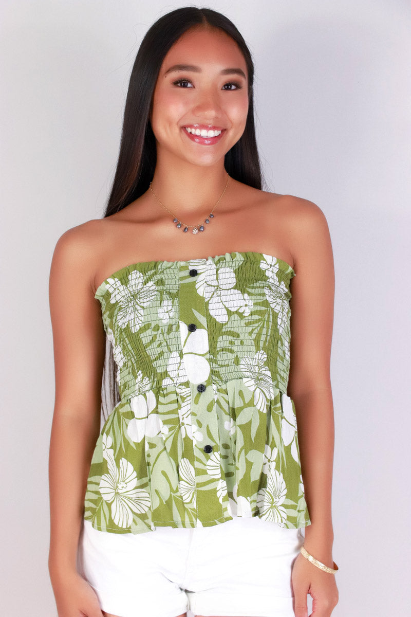 Jeans Warehouse Hawaii - TANK PRINT WOVEN CASUAL TOPS - TROPICAL SMOCKED TUBE TOP | By LUZ