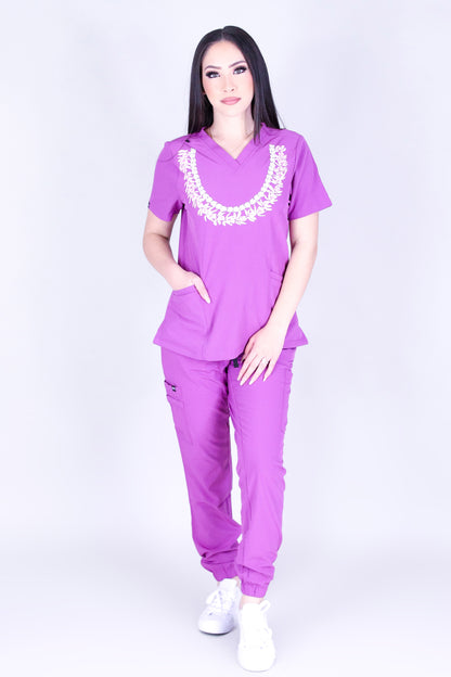 ALOHA BLOOM DOUBLE STRAND LEI SCRUB TOP