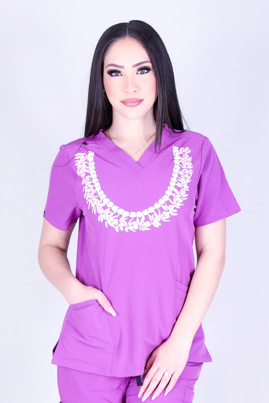 ALOHA BLOOM DOUBLE STRAND LEI SCRUB TOP