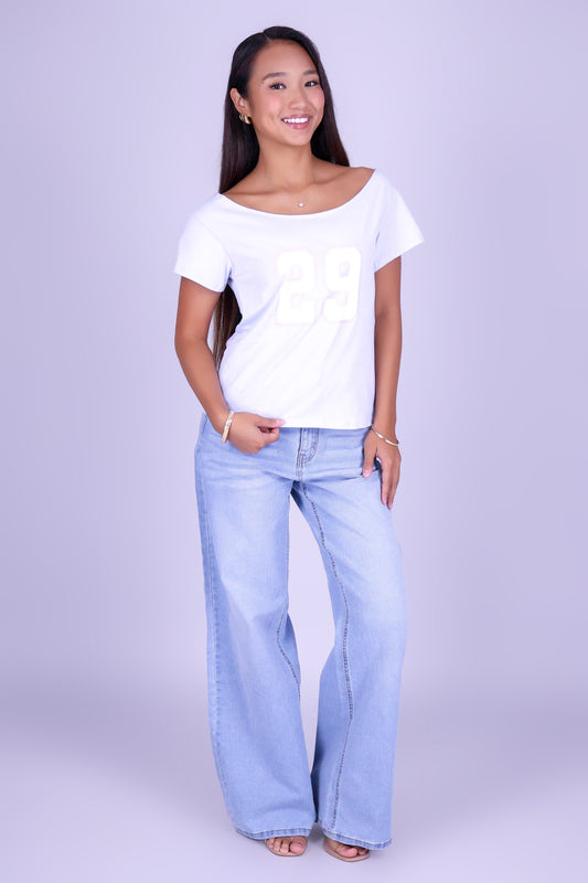 VARSITY OFF SHOULDER TEE