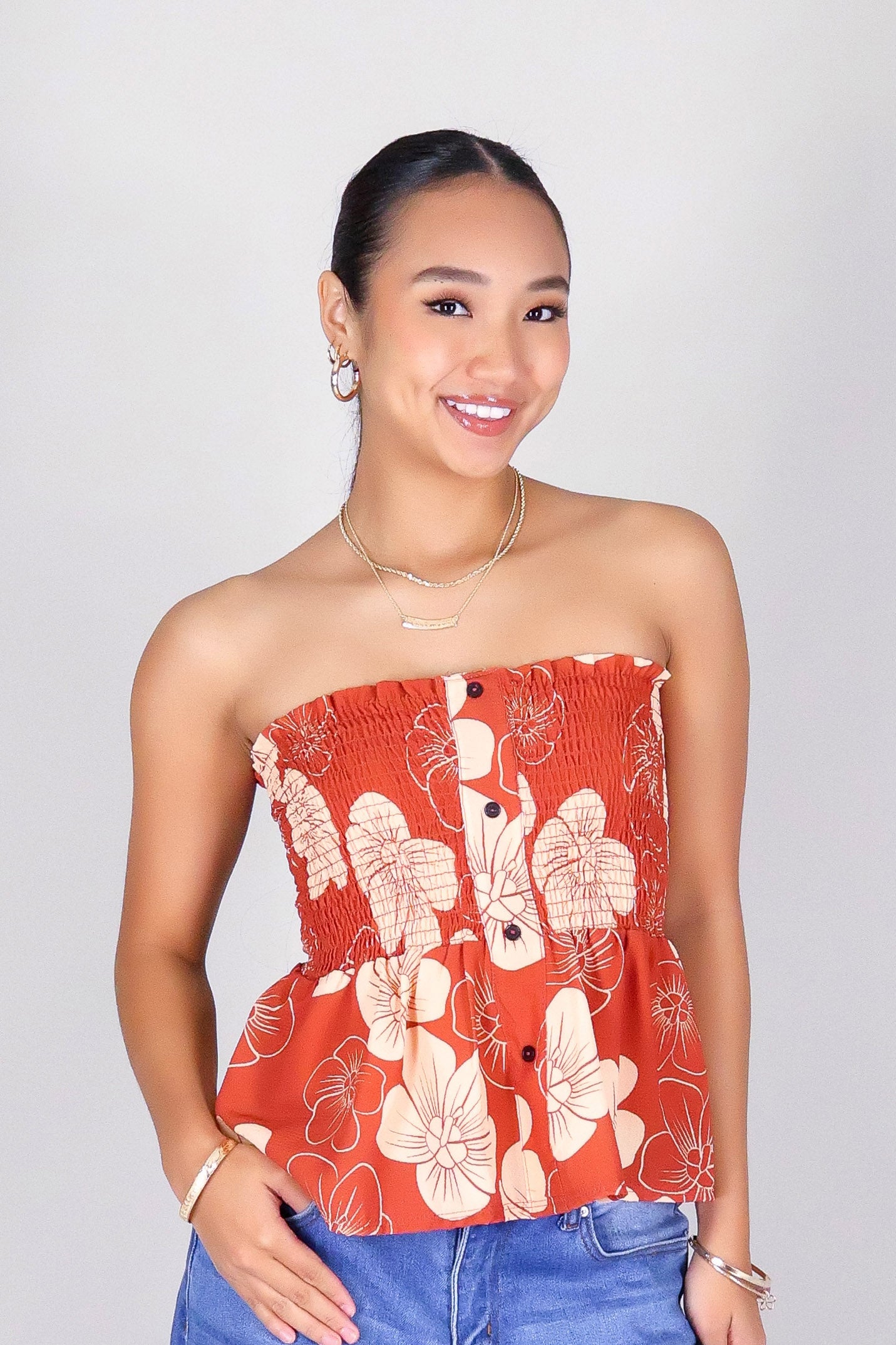 HAU FLOWER SMOCKED TUBE TOP