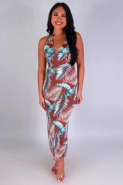 Jeans Warehouse Hawaii - S/L LONG PRINT DRESSES - ISLAND EDGE MAXI HALTER DRESS | By PAPERMOON/ B_ENVIED