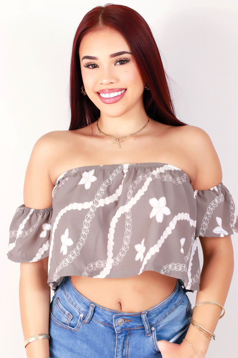 Jeans Warehouse Hawaii - S/S PRINT WOVEN DRESSY TOPS - PIKAKE PLUMERIA OFF SHOULDER TOP | By LUZ