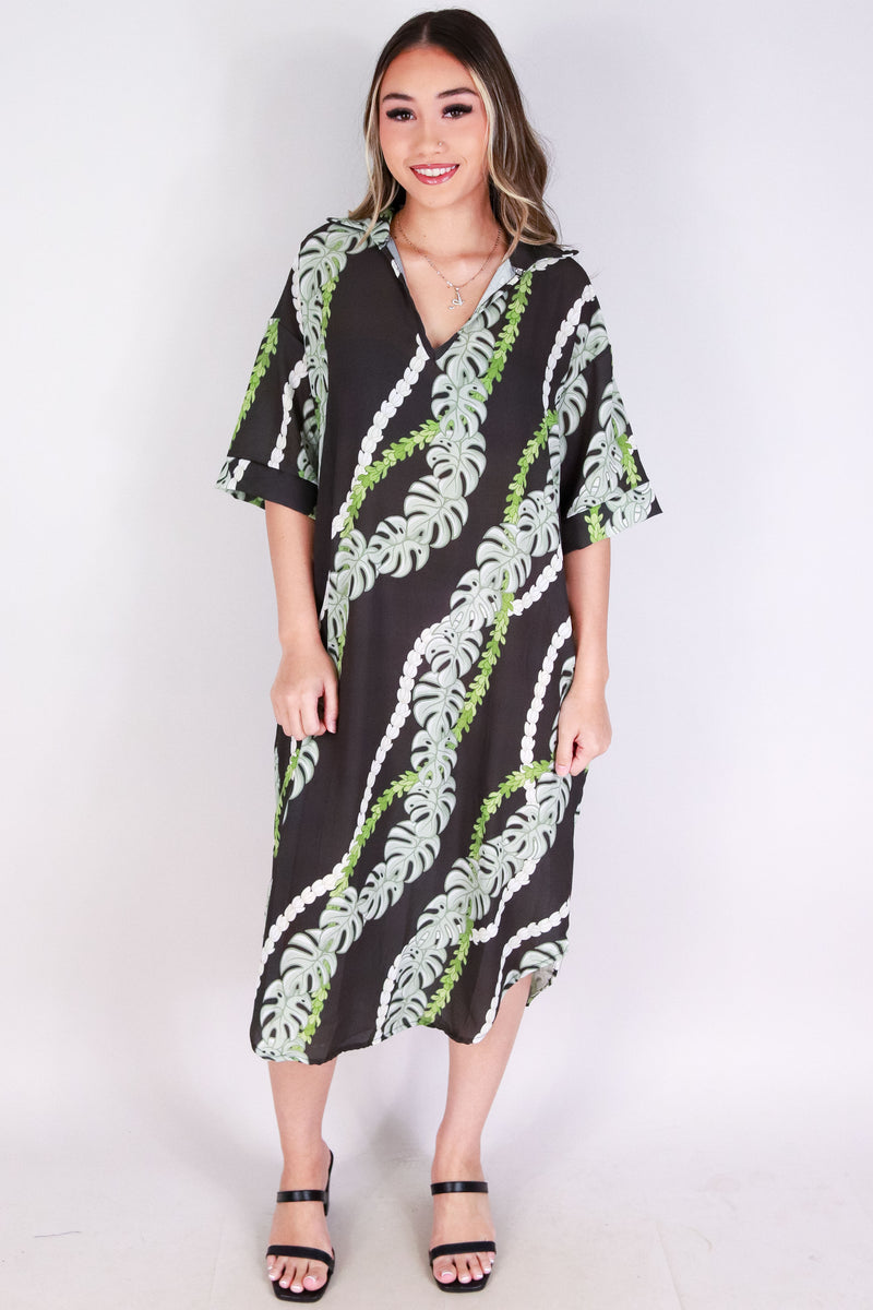Jeans Warehouse Hawaii - SLEEVE SHORT PRINT DRESSES - MONSTERA PIKAKE DRESS | By LUZ