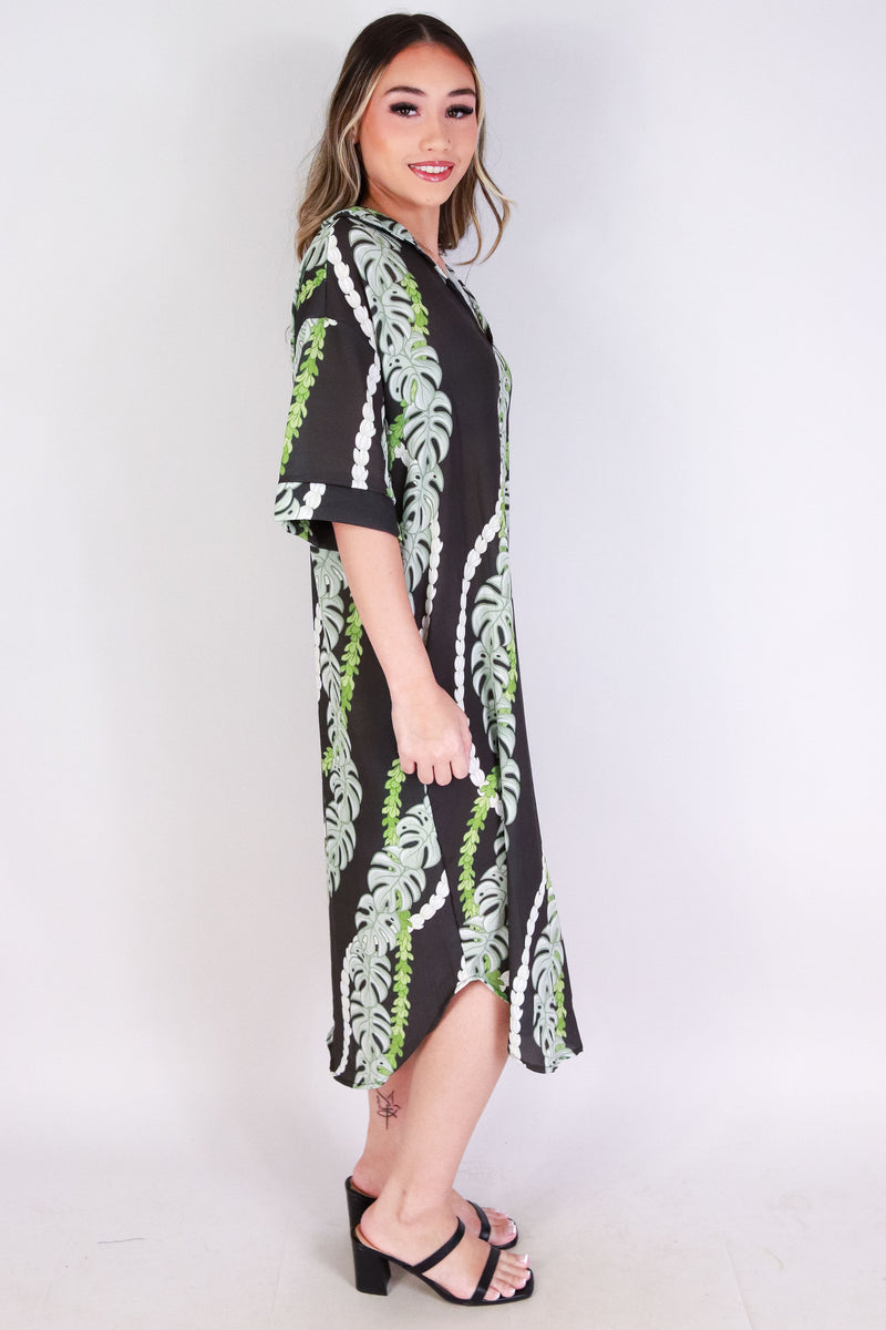 Jeans Warehouse Hawaii - SLEEVE SHORT PRINT DRESSES - MONSTERA PIKAKE DRESS | By LUZ