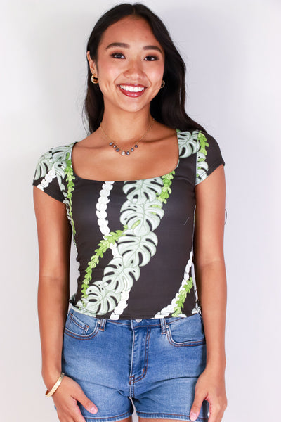 Jeans Warehouse Hawaii - SS PRINT - MONSTERA PIKAKE SQUARE NECK TOP | By LUZ
