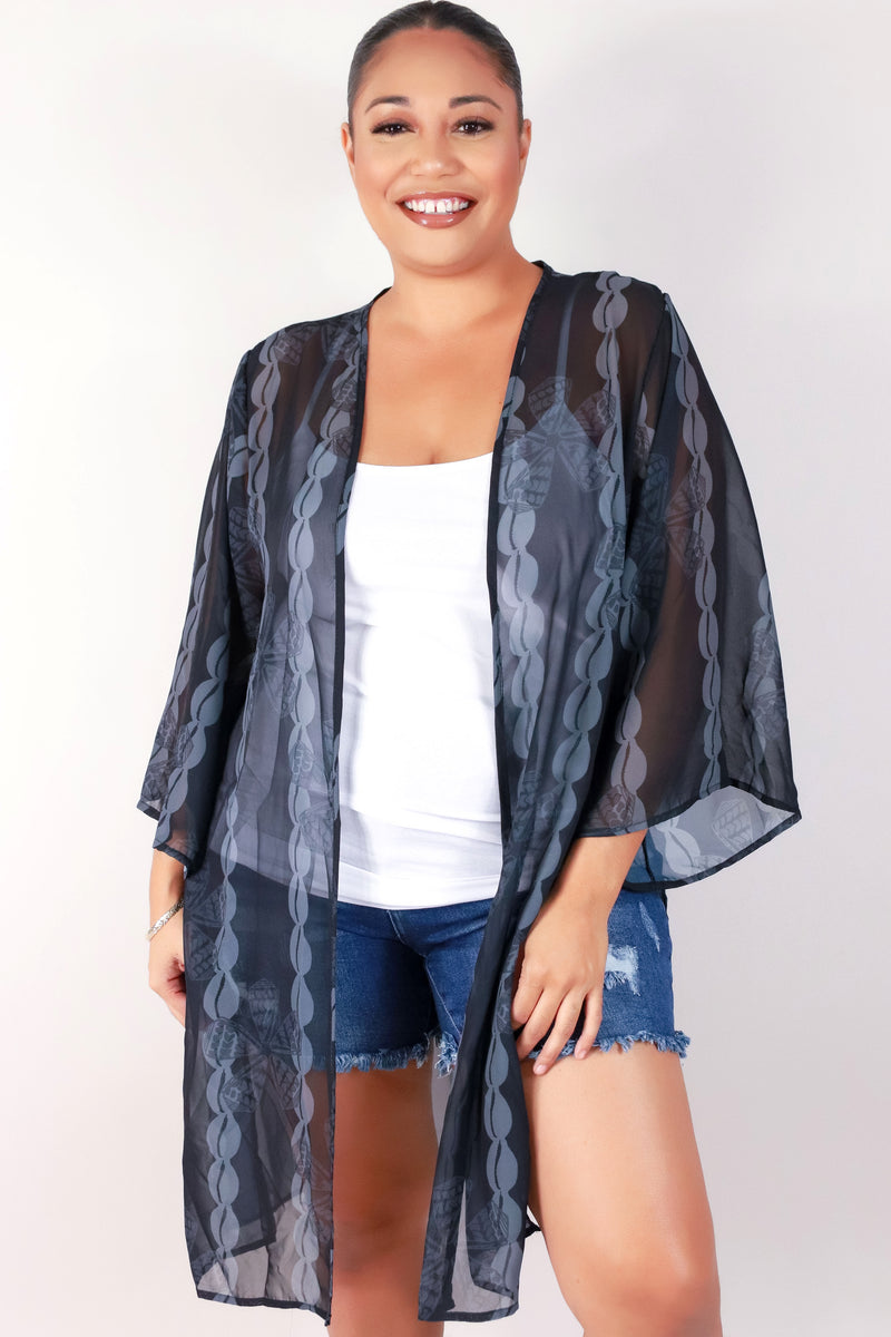 Jeans Warehouse Hawaii - PLUS S/S PRINT WOVEN TOPS - PUPU HINUHINU CHIFFON CARDIGAN | By LUZ