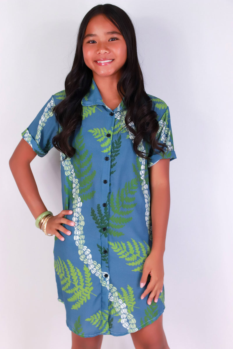Jeans Warehouse Hawaii - DRESS RMPR 7-16 - PIKAKE PALAPALAI BUTTON DOWN DRESS | KIDS SIZE 7-16 | By LUZ