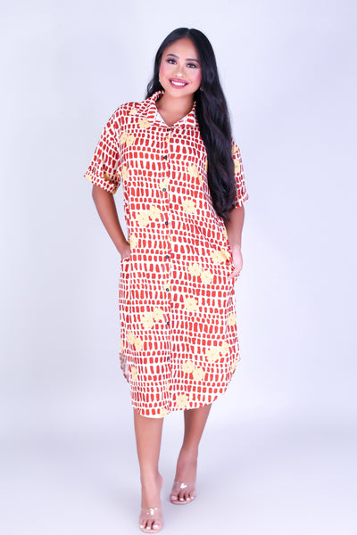 PUAKENIKENI MITER SHELL BUTTON DOWN DRESS