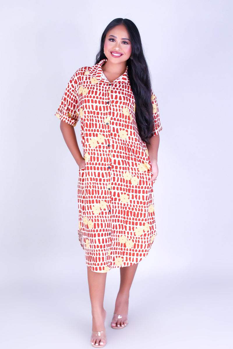 PUAKENIKENI MITER SHELL BUTTON DOWN DRESS