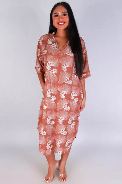 Jeans Warehouse Hawaii - SLEEVE SHORT PRINT DRESSES - OHIA LEHUA MIDI T-SHIRT DRESS | By LUZ
