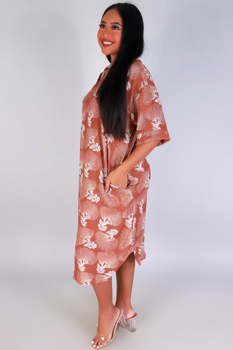 Jeans Warehouse Hawaii - SLEEVE SHORT PRINT DRESSES - OHIA LEHUA MIDI T-SHIRT DRESS | By LUZ