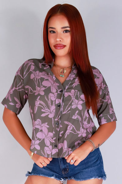 Jeans Warehouse Hawaii - S/S PRINT WOVEN DRESSY TOPS - PLUMERIA TREE BUTTON DOWN TOP | By LUZ