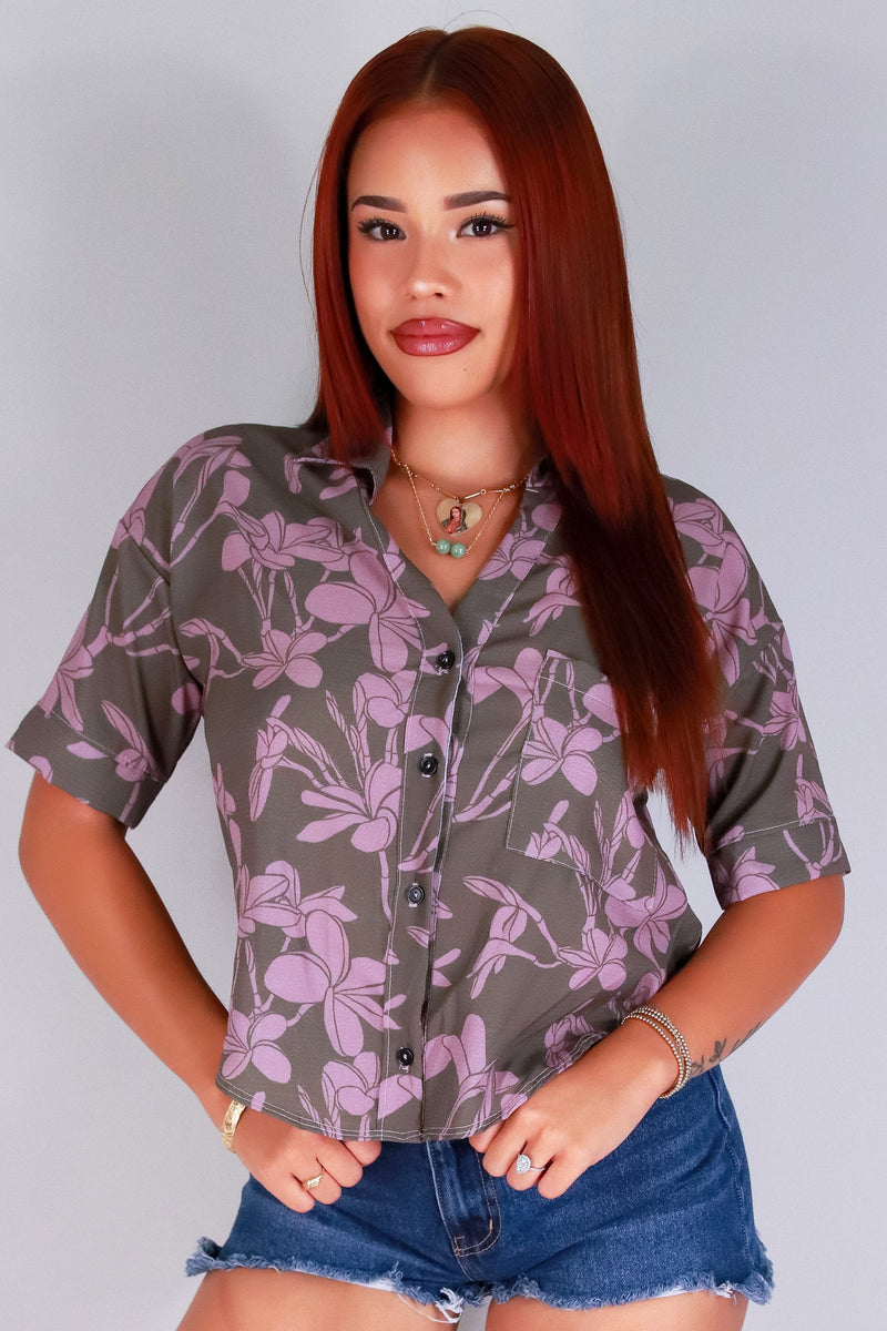 Jeans Warehouse Hawaii - S/S PRINT WOVEN DRESSY TOPS - PLUMERIA TREE BUTTON DOWN TOP | By LUZ