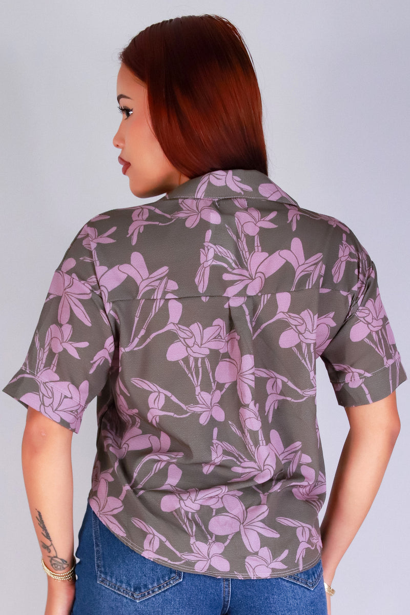 Jeans Warehouse Hawaii - S/S PRINT WOVEN DRESSY TOPS - PLUMERIA TREE BUTTON DOWN TOP | By LUZ