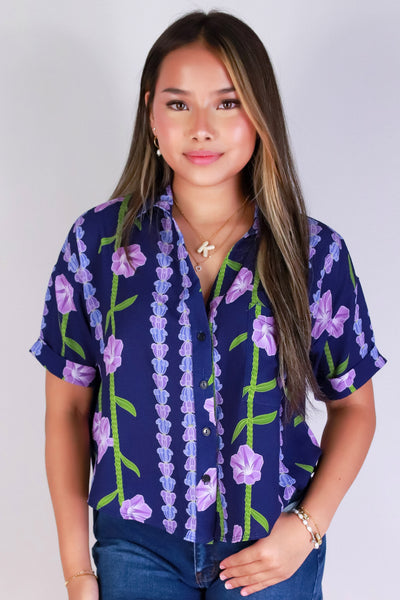 Jeans Warehouse Hawaii - S/S PRINT WOVEN DRESSY TOPS - POHUEHUE BUTTON DOWN TOP | By LUZ