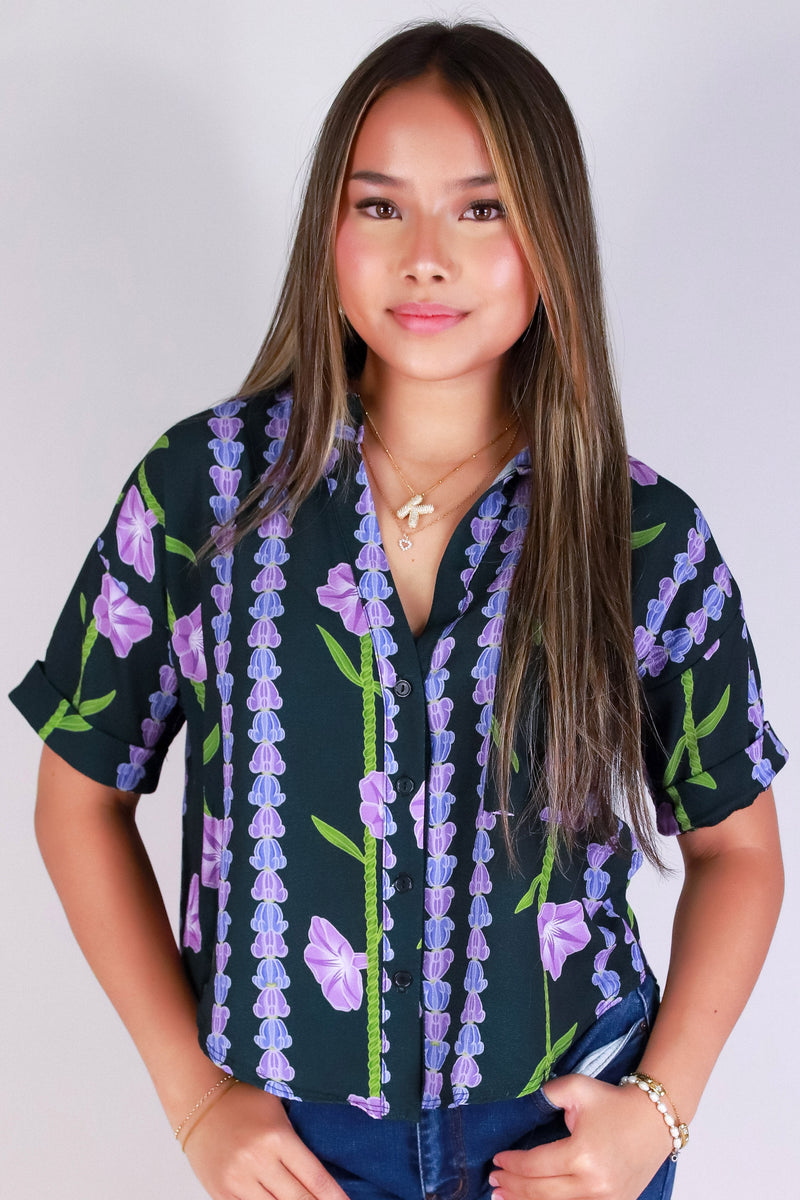 Jeans Warehouse Hawaii - S/S PRINT WOVEN DRESSY TOPS - POHUEHUE BUTTON DOWN TOP | By LUZ