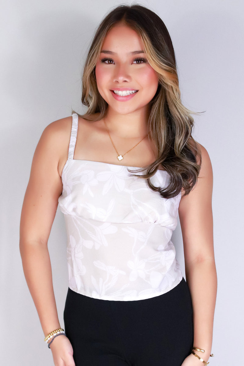 Jeans Warehouse Hawaii - TANK PRINT WOVEN DRESSY TOPS - PLUMERIA TREE TOP | By LUZ