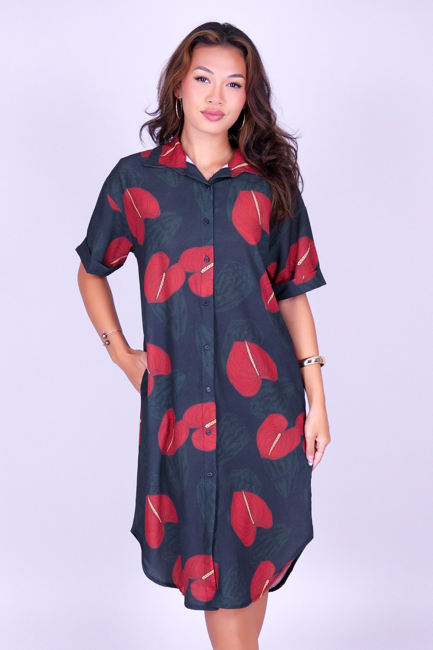 ANTHURIUM SHELL BUTTON DOWN DRESS