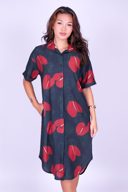 ANTHURIUM SHELL BUTTON DOWN DRESS