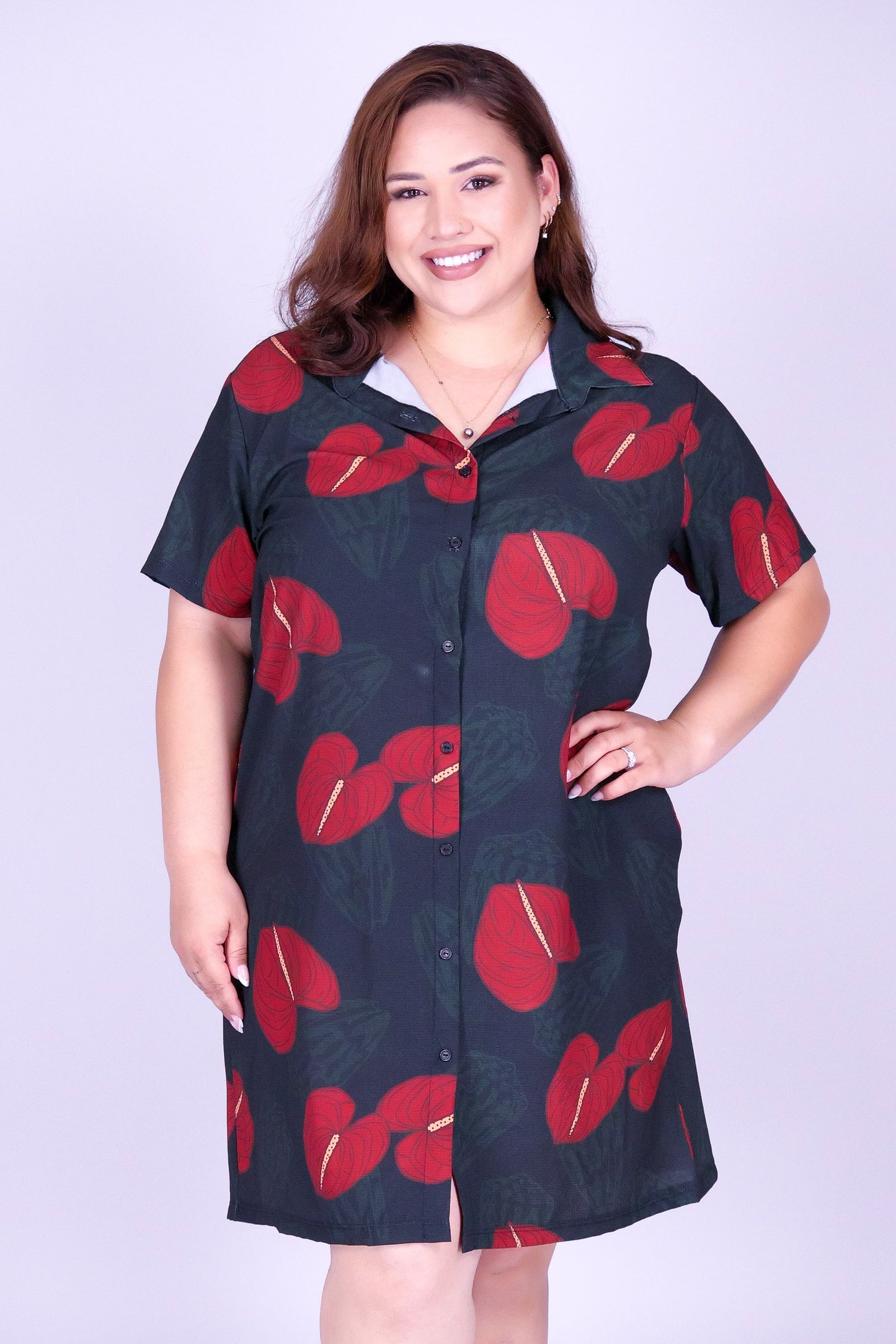 ANTHURIUM SHELL BUTTON DOWN DRESS