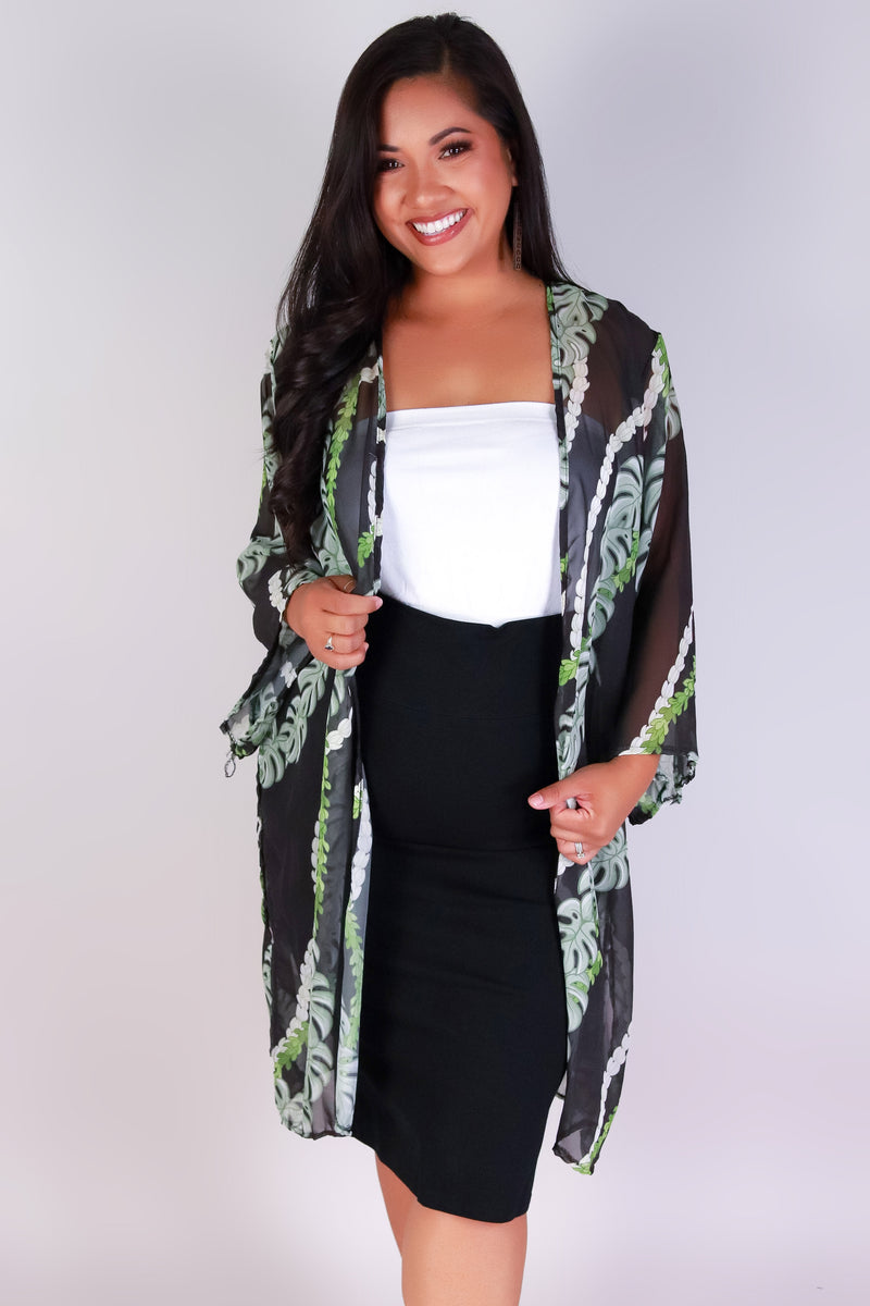 Jeans Warehouse Hawaii - PLUS S/S PRINT WOVEN TOPS - MONSTERA PIKAKE CHIFFON CARDIGAN | By LUZ