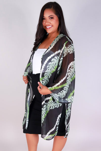 Jeans Warehouse Hawaii - PLUS S/S PRINT WOVEN TOPS - MONSTERA PIKAKE CHIFFON CARDIGAN | By LUZ