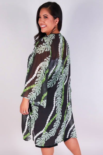 Jeans Warehouse Hawaii - PLUS S/S PRINT WOVEN TOPS - MONSTERA PIKAKE CHIFFON CARDIGAN | By LUZ
