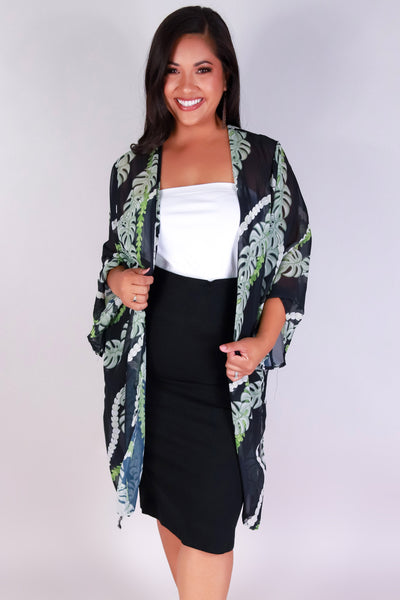 Jeans Warehouse Hawaii - PLUS S/S PRINT WOVEN TOPS - MONSTERA PIKAKE CHIFFON CARDIGAN | By LUZ