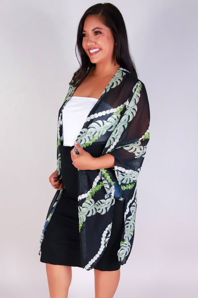 Jeans Warehouse Hawaii - PLUS S/S PRINT WOVEN TOPS - MONSTERA PIKAKE CHIFFON CARDIGAN | By LUZ