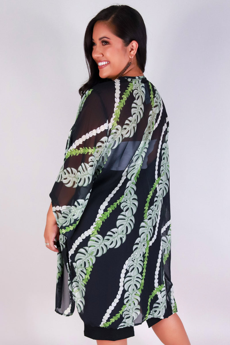 Jeans Warehouse Hawaii - PLUS S/S PRINT WOVEN TOPS - MONSTERA PIKAKE CHIFFON CARDIGAN | By LUZ