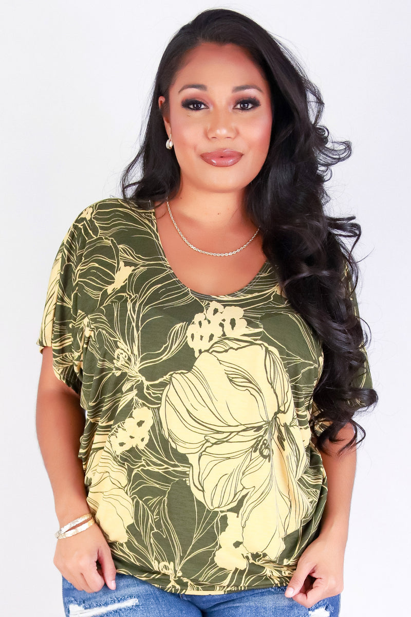 Jeans Warehouse Hawaii - PLUS S/S PRINT WOVEN TOPS - GARDEN GLOW DOLMAN TOP | By ZENOBIA