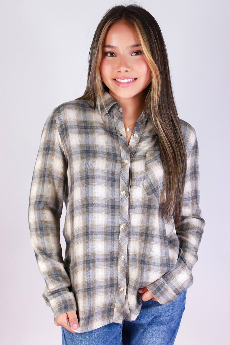 Jeans Warehouse Hawaii - L/S PRINT WOVEN CASUAL TOPS - PLAID CRUSH TOP | By BE COOL