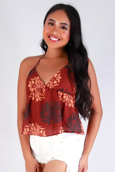 Jeans Warehouse Hawaii - TANK PRINT WOVEN DRESSY TOPS - MANGO QUILT BABYDOLL HALTER TOP | By LUZ