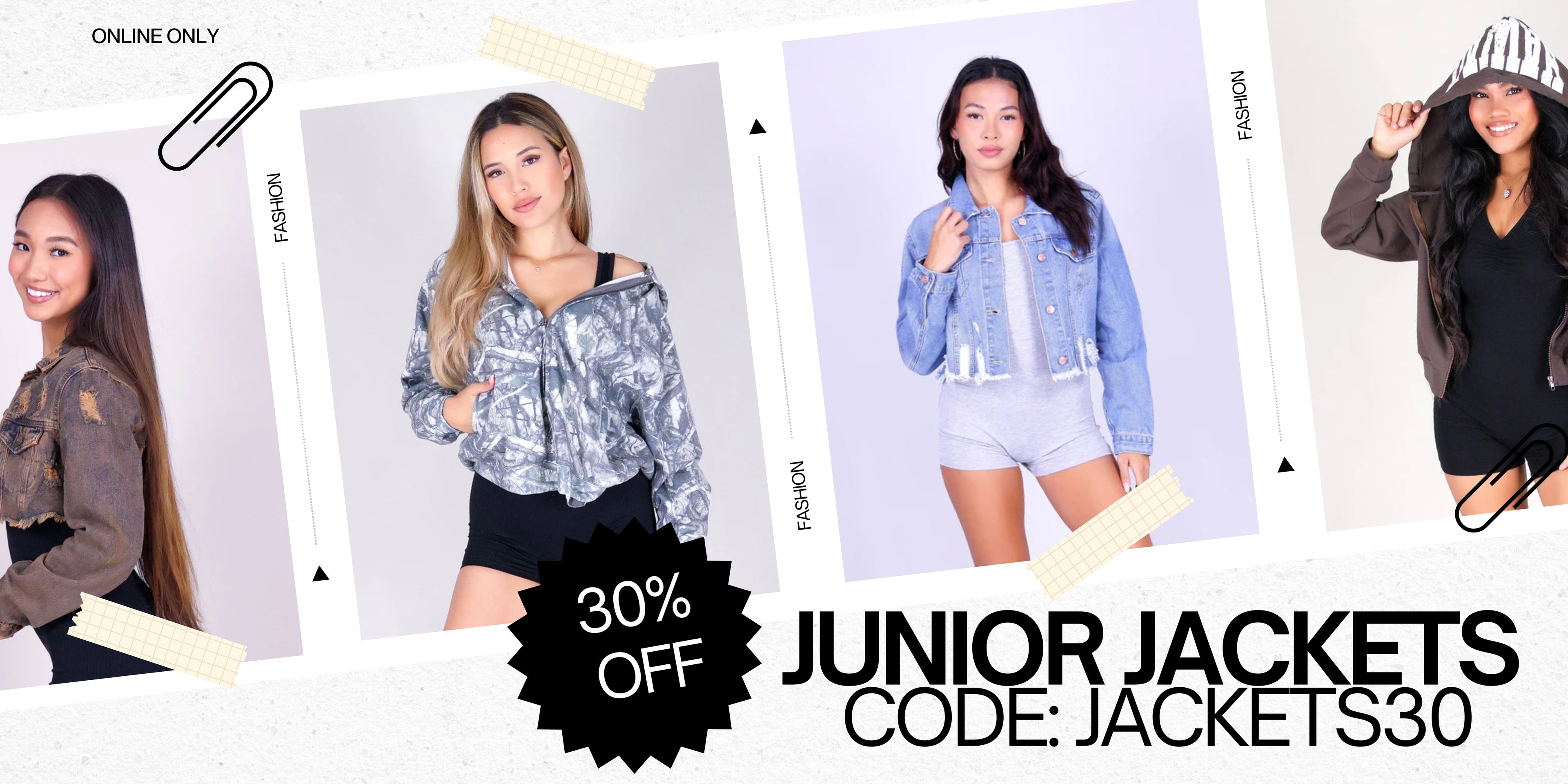 Promotional banner for junior jackets with a discount offer. 30% off junior jackets, use code JACKETS30