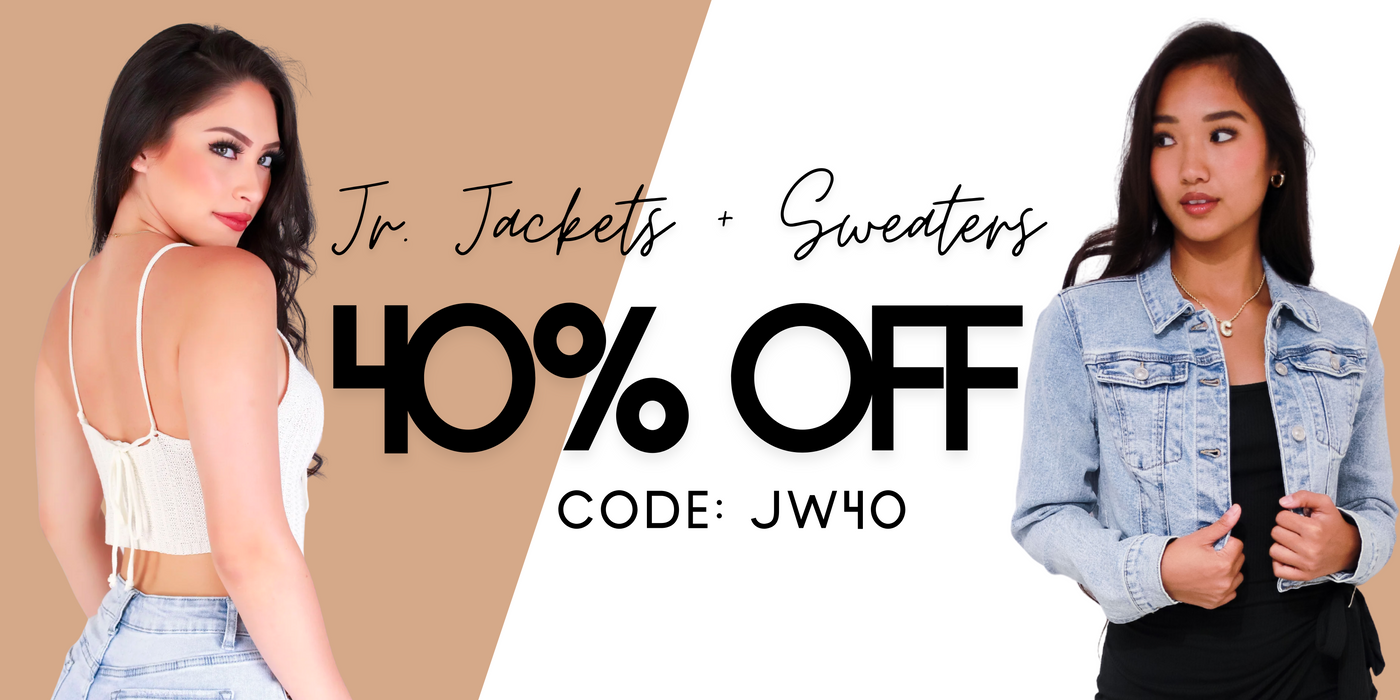 Promotional banner for 40% off Junior Jackets and Sweaters. Use Code: JW40