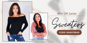 Two women wearing off-shoulder sweaters with a promotional banner for 40% off junior sweaters. Use Code SWEATER40