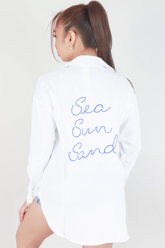 Jeans Warehouse Hawaii - L/S PRINT WOVEN CASUAL TOPS - SEA SUN SAND BUTTON DOWN TOP | By IKEDDI IMPORTS